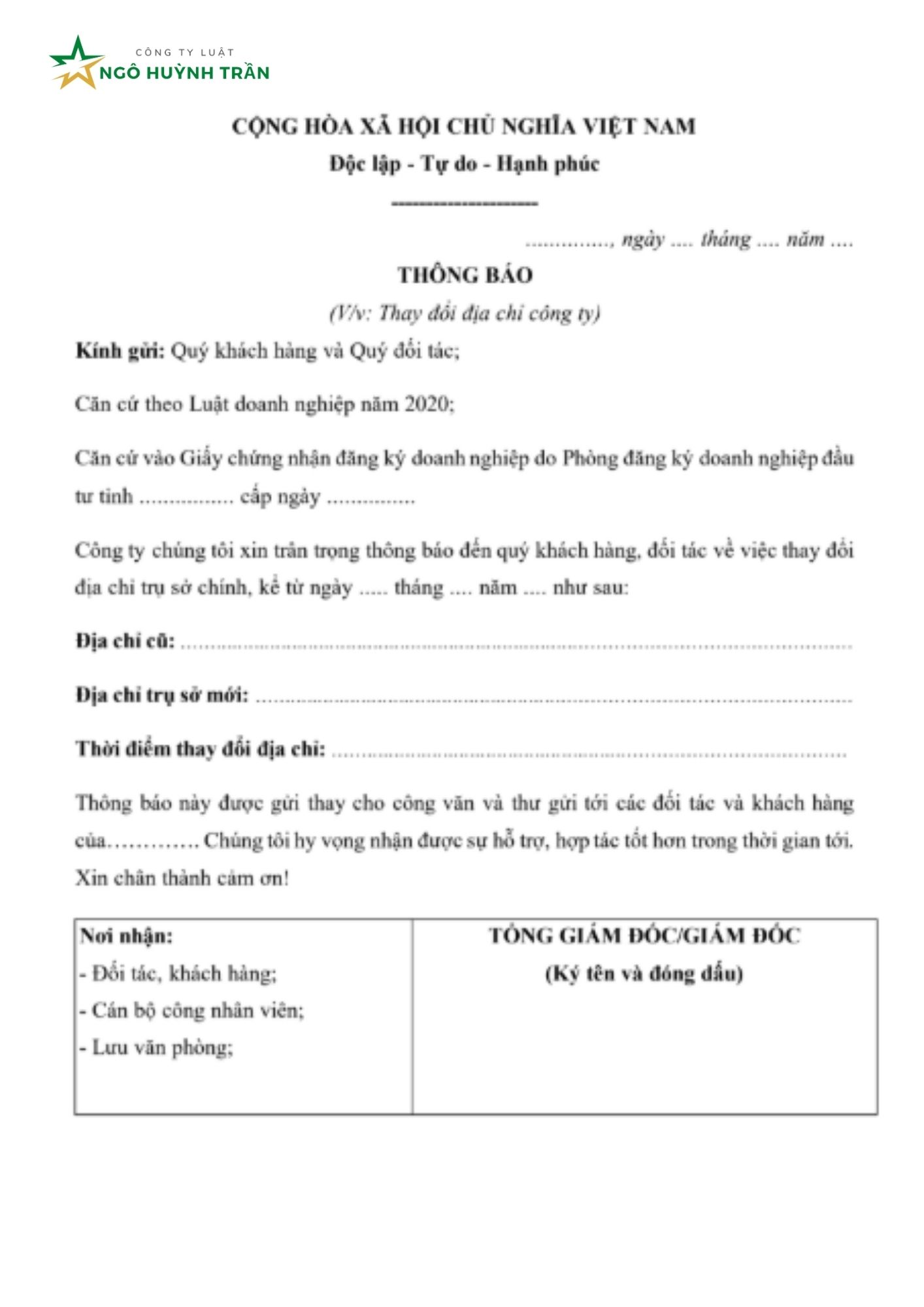 th&ocirc;ng b&aacute;o thay đổi địa chỉ c&ocirc;ng ty