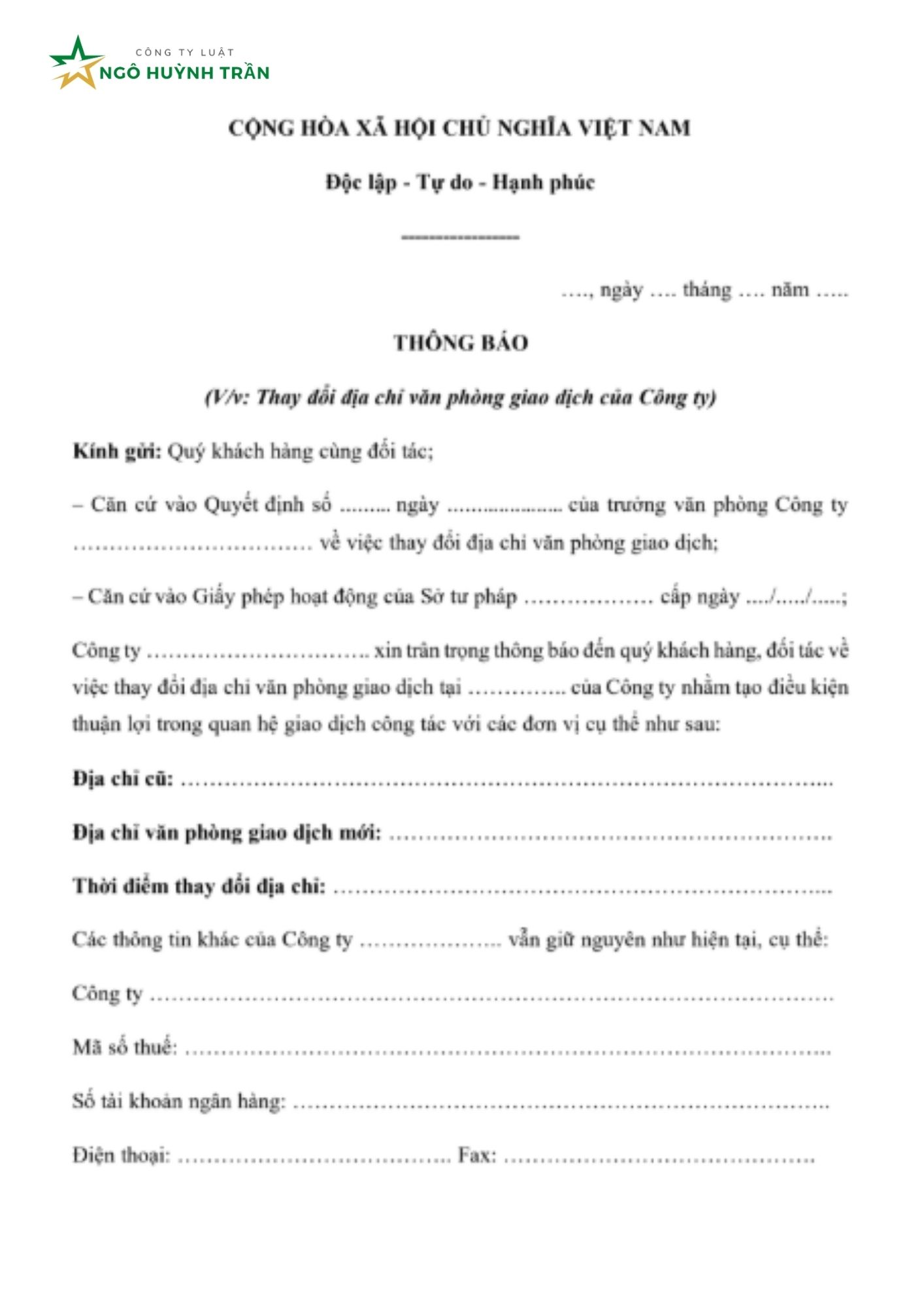th&ocirc;ng b&aacute;o thay đổi địa chỉ c&ocirc;ng ty